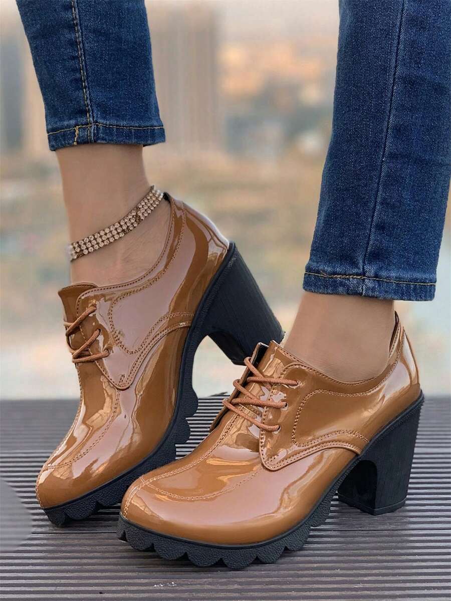 女士系带粗跟鞋纯色高跟鞋全配踝靴适合通勤 - 棕色 - 查看 1
