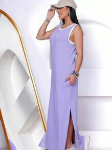 Long Two-Tone Tank Dress With Pocket And Side Slit Comfy - 紫丁香色 - 查看 3