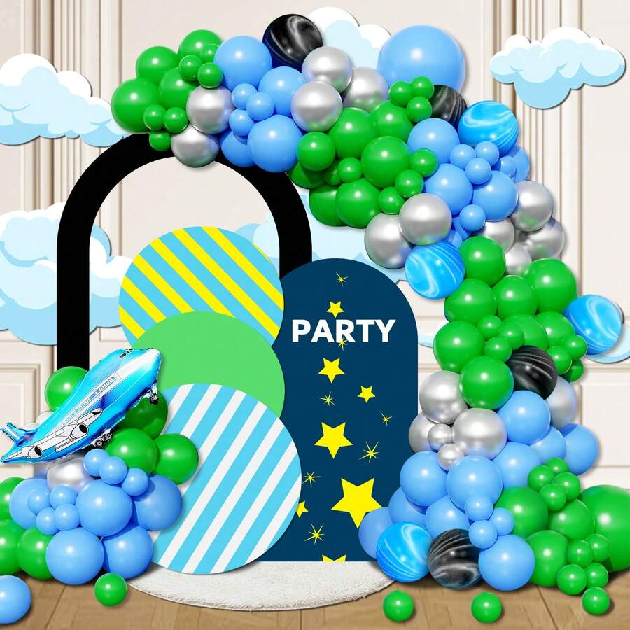 128 件/套飞机主题气球拱门套件，适用于天空派对装饰，金属箔飞机气球适用于旅行太空主题、生日、单身派对、婚礼用品 - 彩色 - 查看 1