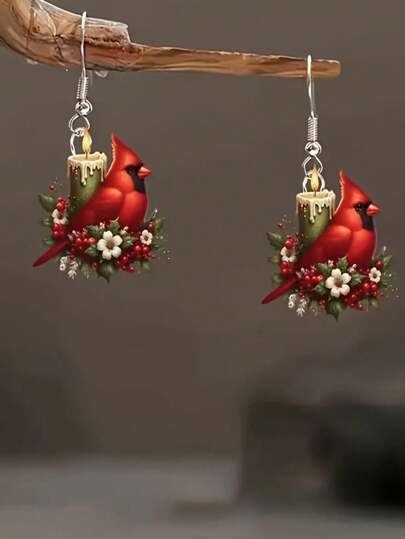 1 Pair Cute Cartoon Acrylic Red Parrot Candle Wreath Earrings, Christmas Holiday Gift