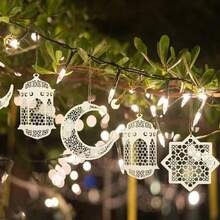 3 件斋月装饰品，木制工艺装饰挂饰 - 月亮、星星、斋月灯笼、开斋节庆典 - 米色 - 查看 3