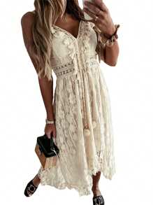 Summer Dresses For Women 2025 Boho Lace Sleeveless Spaghetti Straps Beach Vacation Flowy Maxi Sun Dress - Beige - View 2