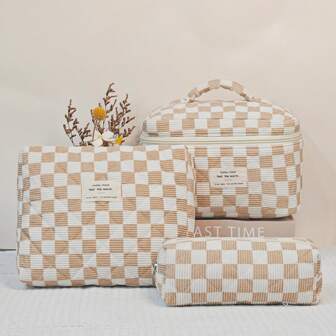 Simple Premium Makeup Bag In Checkered Pattern, Multifunctional Makeup Storage Bag Tote Bathroom Shower Purse Bag Portable Makeup Brush Clutch Bag With Zip Close Lipstick, Brushes, Skincare, Nail Polish, Jewelry Makeup Bag Holiday Essentials Makeup Bag, Super Textured Ladies, Girls Preferred Makeup Travel Toiletry Organizer Essentials Gifts Storage Zipper Accessories Nail