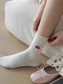 4 双女士厚款保暖袜子，樱桃印花，中筒日式中筒袜，芭蕾风格设计，秋季 - 彩色 - 查看 2