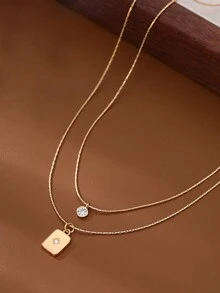 Nooxian 2 件女士时尚金色金属和方晶锆石方形吊坠项链，时尚配饰礼物 - 金黃色 - 查看 3