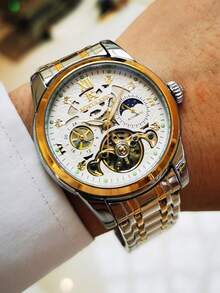 AOKULASIC 1 Đồng hồ cơ tự động thời trang nam thiết kế Tourbillon mặt số đá pha mặt trăng kim dạ quang dây đeo bằng thép không gỉ đồng hồ nam doanh nhân sang trọng thương hiệu hàng đầu quà tặng sinh nhật lễ hội - Vàng - Xem 3