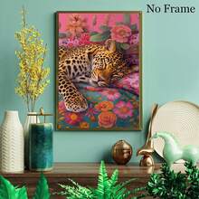 1 件豹纹帆布墙艺术时髦豹纹海报动物肖像艺术动物豹纹海报复古时尚墙艺术潮流豹纹绘画睡豹海报动物花卉印花无框架 - 彩色 - 查看 7