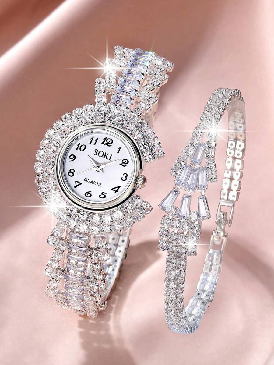 SOKI SOKI 国庆节女士手表 2 件装 华丽优雅全水钻装饰女士手表和手链 非常适合派对和婚礼 适合日常佩戴、感恩节、万圣节、圣诞节、生日派对、斋月，可作为完美的礼物 无盒 - 查看 1