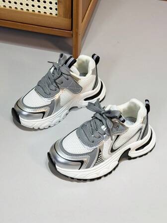 1 Pair Kids Double Mesh Faux Leather Hook And Loop Sport Shoes, Soft Sole Anti-Slip Fashion, Suitable For Daily Indoor And Outdoor Sports, Spring & Autumn