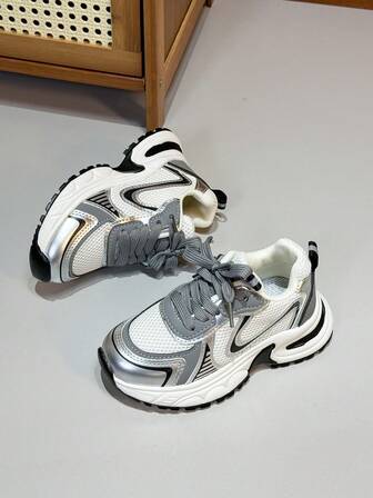 1 Pair Kids Double Mesh Faux Leather Hook And Loop Sport Shoes, Soft Sole Anti-Slip Fashion, Suitable For Daily Indoor And Outdoor Sports, Spring & Autumn