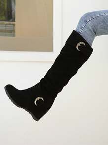 新款女式短筒增高长靴，厚底过膝真皮马靴，黑色时尚女士长靴 - 黑色 - 查看 3