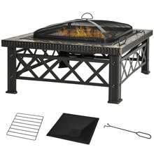 Outsunny Large Outdoor Fire Pit Table, 3 In 1 Square Wood Burning Firepit Metal Brazier, BBQ Grill, Ice Bucket W/ Grill Grate, Log Grate, Lid, Poker For Garden, Camping, Bonfire, 76 X 76 X 47cm, Black - Black - View 2