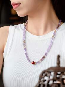 VE [VE] 1pc High Quality Natural Crystal Necklace, Paired With S925 Silver & Agate, Purple Ghost Agate Necklace, Purple Mysterious And Elegant, Meaning "Auspicious Fortune". The Purple Ghost Crystal Emits A Charming Luster, The Purple Jade Is Smooth And Fine-Textured, The Agate Accents Add A Unique Charm, The Overall Design Is Elegant And Generous, Fully Showcasing The Wearer's Noble Elegant And Unique Taste. Jewelry Color Is Random.