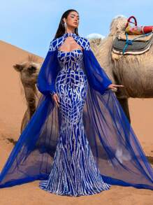Faeriesty Đầm dạ hội cổ cao tay phồng tuyệt đẹp với lớp lưới phủ ngoài, đính sequin lấp lánh, thích hợp cho tiệc cưới, dự tiệc. - Xanh đậm - Xem 5