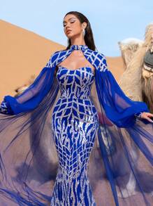 Faeriesty Đầm dạ hội cổ cao tay phồng tuyệt đẹp với lớp lưới phủ ngoài, đính sequin lấp lánh, thích hợp cho tiệc cưới, dự tiệc. - Xanh đậm - Xem 8