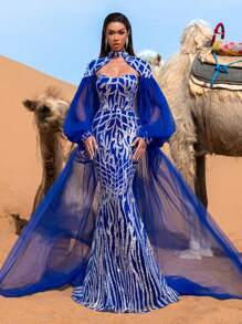 Faeriesty Đầm dạ hội cổ cao tay phồng tuyệt đẹp với lớp lưới phủ ngoài, đính sequin lấp lánh, thích hợp cho tiệc cưới, dự tiệc. - Xanh đậm - Xem 7