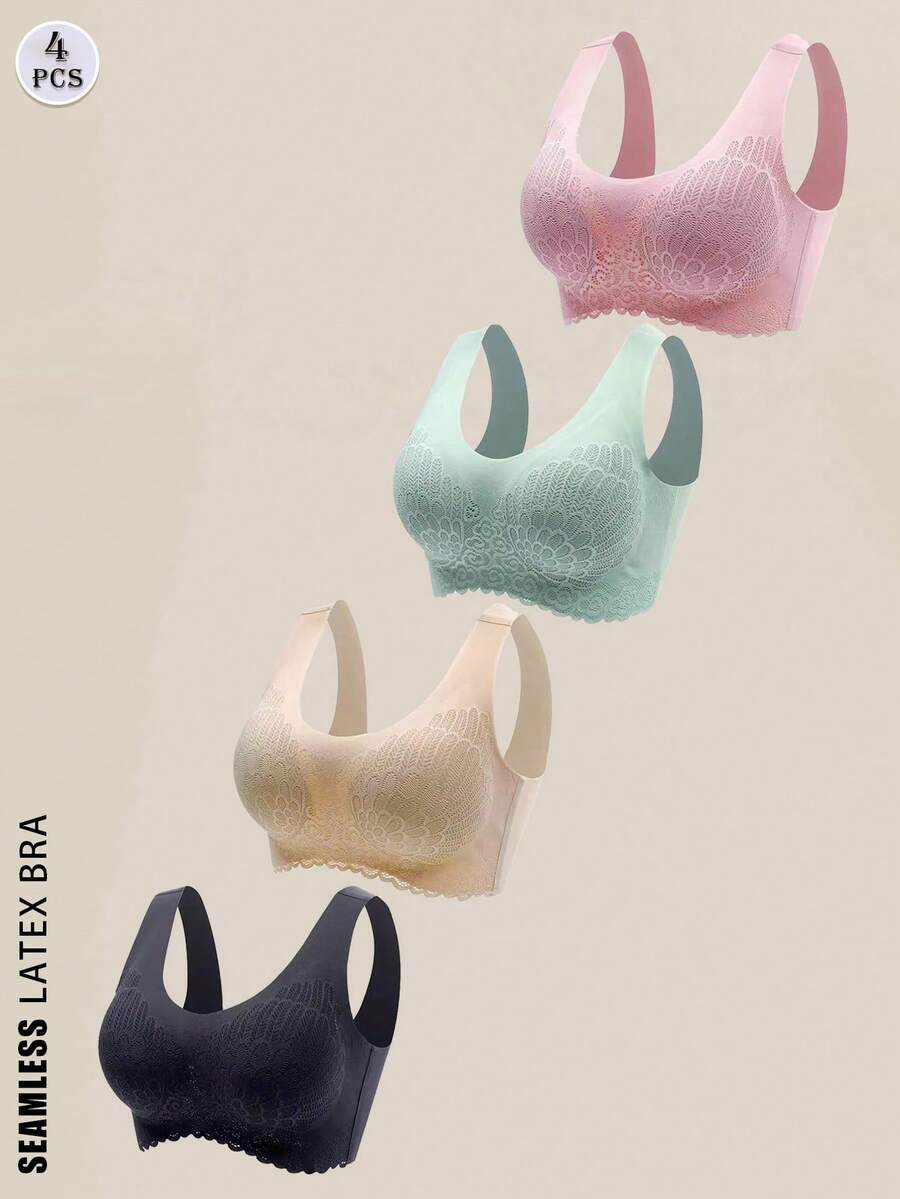 4 件装乳胶女士胸罩无缝蕾丝无钢圈运动背心内衣背心式聚拢胸罩露背内衣透气隐形胸罩女士 - 彩色 - 查看 1