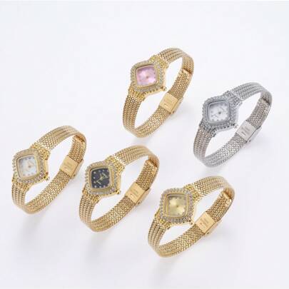 1 件女士金色菱形水钻不锈钢网带石英表，3ATM 防水，适合日常佩戴、圣诞派对、礼物