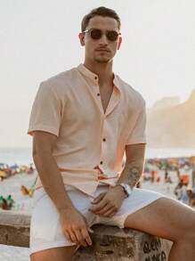 Men's Short Sleeve Shirt With Priest Collar Elegant Casual Party Work - Coral Pink - View 3