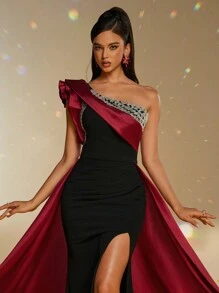 Smilprince Luxurious Burgundy And Black Asymmetrical Neck High Slit Floor-Length Gown Prom Dress For Women, Formal Evening Dress, Elegant Dress, For Wedding Guest, Graduation, Dinner Party Dress - màu đen - Xem 8