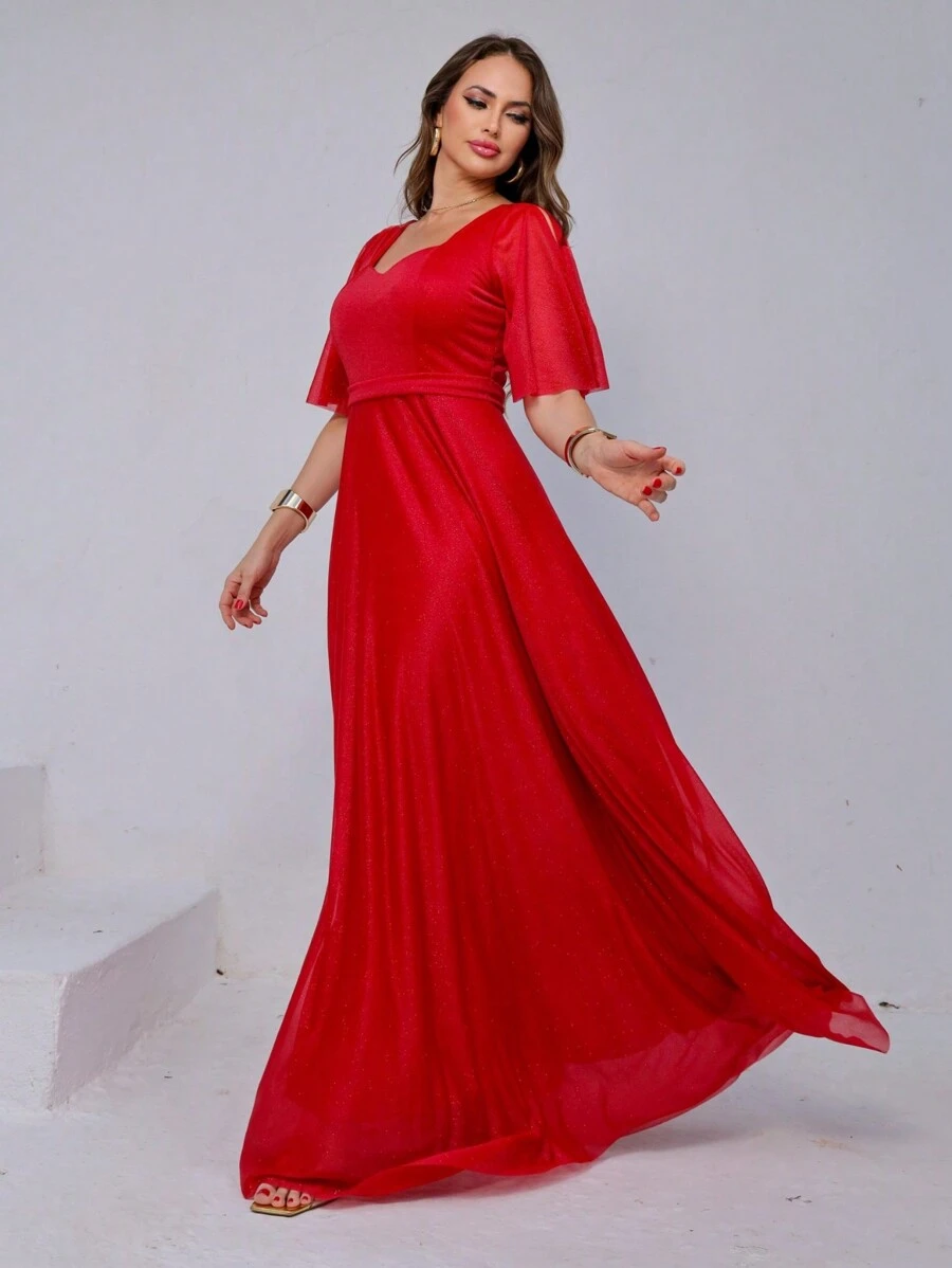 Lilian Long Party Dress With Shine - Red - View 1