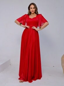 Lilian Long Party Dress With Shine - Red - View 2