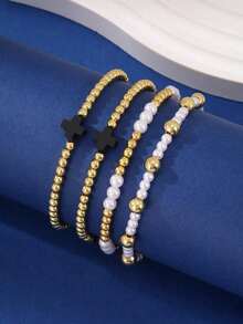 3 件、4 件、5 件串珠手链，简约欧美十字圆珠设计，铜材质，适合日常和节日佩戴，生日礼物 - 手鍊 - 查看 7