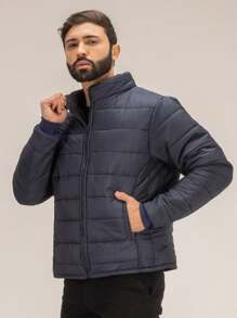 Bobojaco Masculino Jaqueta Puffer Gominho Forrada Sem Capuz Com Bolsos Para Frio Inverno Dia A Dia - Azul - Visão 4