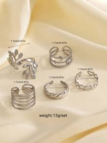 5 peças/conjunto de anéis abertos de aço inoxidável com linha de folhas elegantes, adequados para uso diário feminino