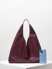 Túi đeo vai họa tiết dệt giả da cổ điển dành cho nữ, Túi tote dung tích lớn, Túi đeo nách tối giản thường ngày, Túi xách lớn có ví, Túi đeo vai, Túi đi làm và Túi mua sắm (Họa tiết ngẫu nhiên) - Màu đỏ tím - Xem 4