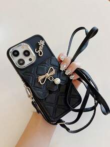 Argyle-patroon 1 st. Zwart 3D Strass Letter Strik Parel Kaarthouder Telefoonhoesje, Compatibel met iPhone 16/15/14/13 Pro Max, 12 Pro Zachte Volledige Wikkelhoes, 8 Plus Crossbody Voor Vrouwen