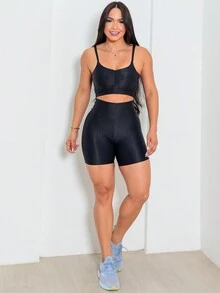 Cropped Set With Padded Bra And High Waist Shorts Fitness Sport Casual Women's Gym - 黑色 - 查看 2