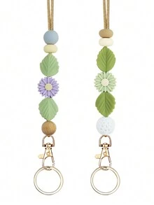 可爱波西米亚雏菊硅胶串珠挂绳可分离，适用于身份证卡夹、钥匙扣和钥匙，叶子硅胶串珠颈带手机挂绳带金属钥匙圈，是送给教师、女士、学生、办公室工作人员的绝佳礼物 - 彩色 - 查看 1