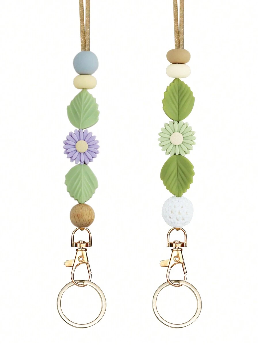 可爱波西米亚雏菊硅胶串珠挂绳可分离，适用于身份证卡夹、钥匙扣和钥匙，叶子硅胶串珠颈带手机挂绳带金属钥匙圈，是送给教师、女士、学生、办公室工作人员的绝佳礼物 - 彩色 - 查看 1