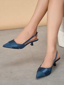 女士搭扣设计纯色尖头露跟猫跟鞋，时尚舒适的闭趾高跟鞋，优雅百搭，适合日常穿着、户外活动、通勤、秋冬季派对等场合，海军蓝缎面低跟鞋，尽显优雅气质 - 藏蓝色 - 查看 3