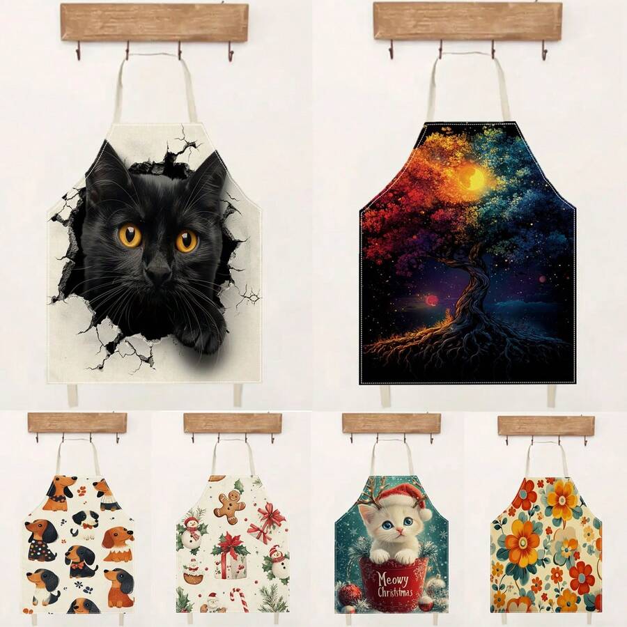 1 件黑猫彩色树圣诞快乐花朵 3D 图案亚麻围裙，适合家庭烹饪、厨房穿着和烹饪爱好者 - 彩色 - 查看 1