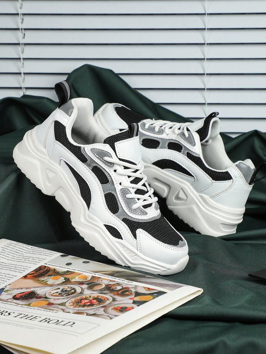 男士黑白拼接透气系带圆头时尚厚底运动鞋，欧美风格休闲运动运动鞋