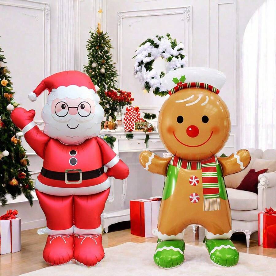 Balão Metalizado de Papai Noel e Homem de Gengibre Tamanho Grande de 155cm, Decoração de Natal, Suprimentos para Festa de Ano Novo