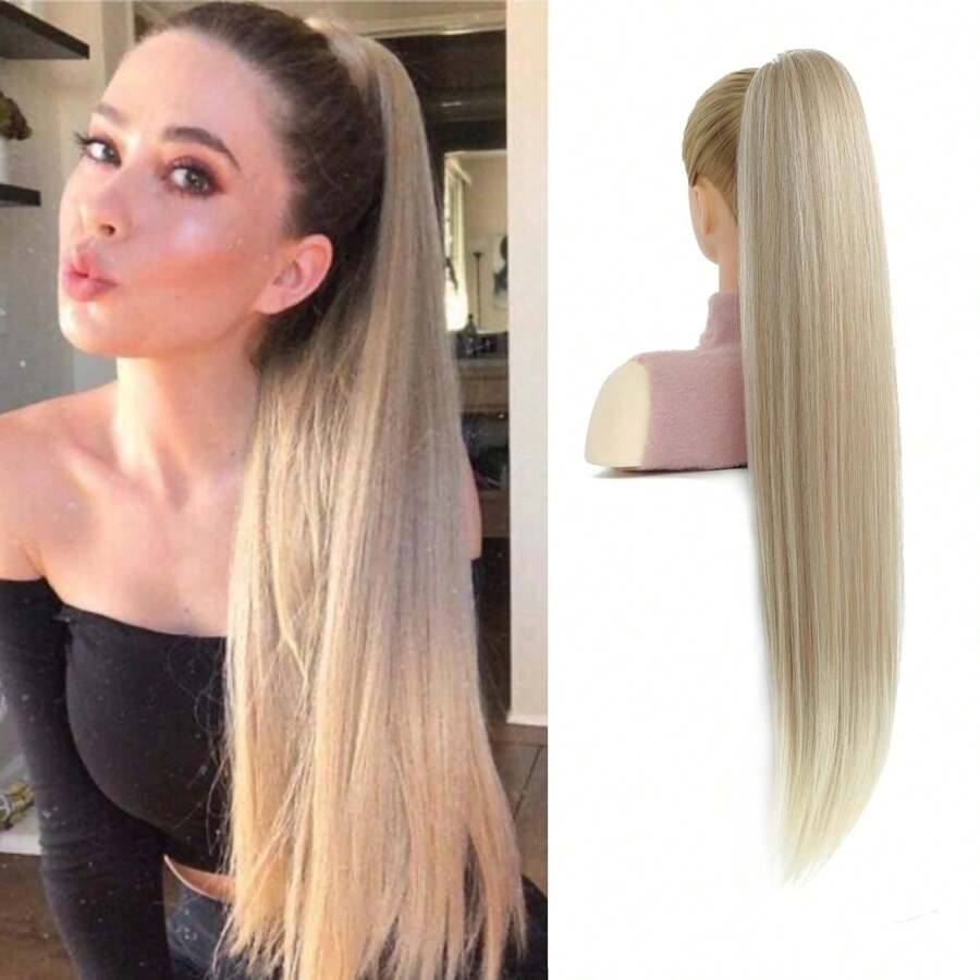 Drawstring Ponytail Extension,30inch Long Straight Synthetic Ponytail Extension 2 Clips Hairpiece For Women Daily Use - Bleach Blonde - View 1