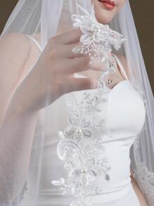1 件优雅精致美丽的短面纱新娘配饰，带蕾丝边和仿珍珠，适合欧美婚礼秋季女士服装 - 彩色 - 查看 3