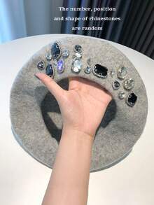 女童闪亮水钻贝雷帽，柔软羊毛画家帽，手工珠宝时尚八角帽，秋冬季完美配饰 - 水鑽貝雷帽 - 查看 5