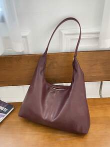 复古绒面革大容量休闲单肩手提包，拼布色纯色哑光女士手提包，适合日常使用，优雅百搭的办公包 - 酒紅色 - 查看 5