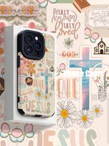 1个雏菊十字架和可爱耶稣图案竖款仿皮防摔防指纹防震手机壳，兼容苹果及其他型号