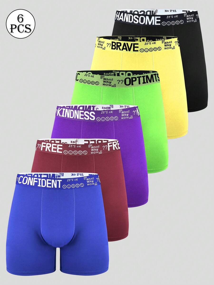 6 件装男士平角内裤时尚字母丝带内衣年轻潮流风格高弹力平角裤 - 彩色 - 查看 1