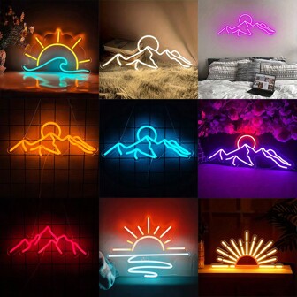 日出日落霓虹灯，海洋日出霓虹灯，波浪霓虹灯，适用于客厅、卧室、办公室、商店、酒吧、男人洞穴艺术墙面装饰，5V USB 供电，不发热，电压高，寿命长，非常适合圣诞派对装饰和礼物