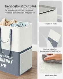 SONGMICS Grand Panier à Linge, 90L, Corbeille Linge 2 Compartiments, Tient Debout Tout Seul, Pliable, Double Poignée, pour Buanderie, Chambre, Salle de Bain, Bleu Foncé
