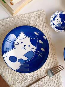 DearDali 一套日式原创陶瓷餐具，可爱猫咪图案，自制厨房酱汁碗碟，手绘陶瓷碗碟，时尚厨房必备，适合盛放早餐燕麦片或正餐。