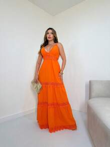 Women's Long Dress Plain Lycra Plain Strap Tie Flare Elastex Party/ML3501 - 橘色 - 查看 1