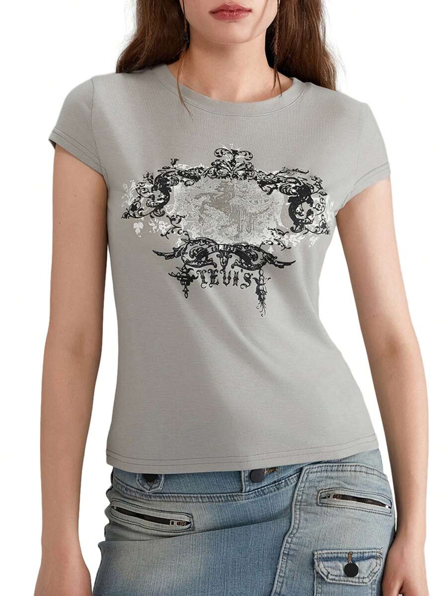 Women Y2K Short Sleeve Shirt Vintage Printing Round Neck Slim Fit Babydoll Tops Summer Casual T-Shirts Streetwear Gothic Aesthetic Clothes