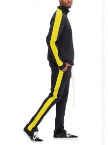 Homme Mens 2 Pc Light Weight Side Stripe Two Piece Co-Ord Track Jacket And Track Pant Set Ankle Zipper - 黑色 黃色 - 查看 3